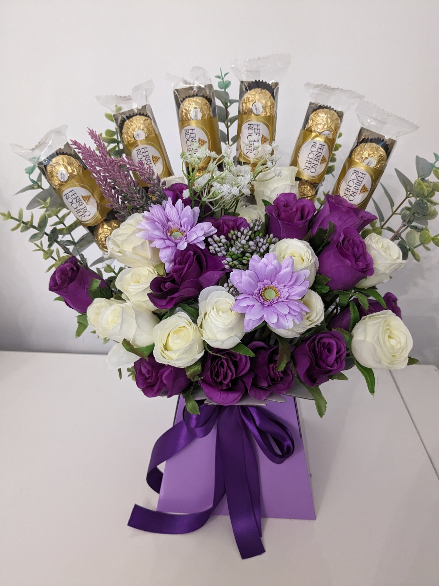 Ferrero Rocher Purple & Cream Stunning Silk Flowers Bouquet Gift