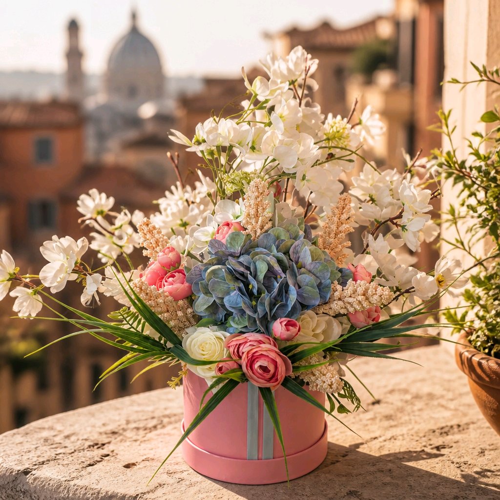 Pink & Blue Stunning Silk Flowers Hat Box