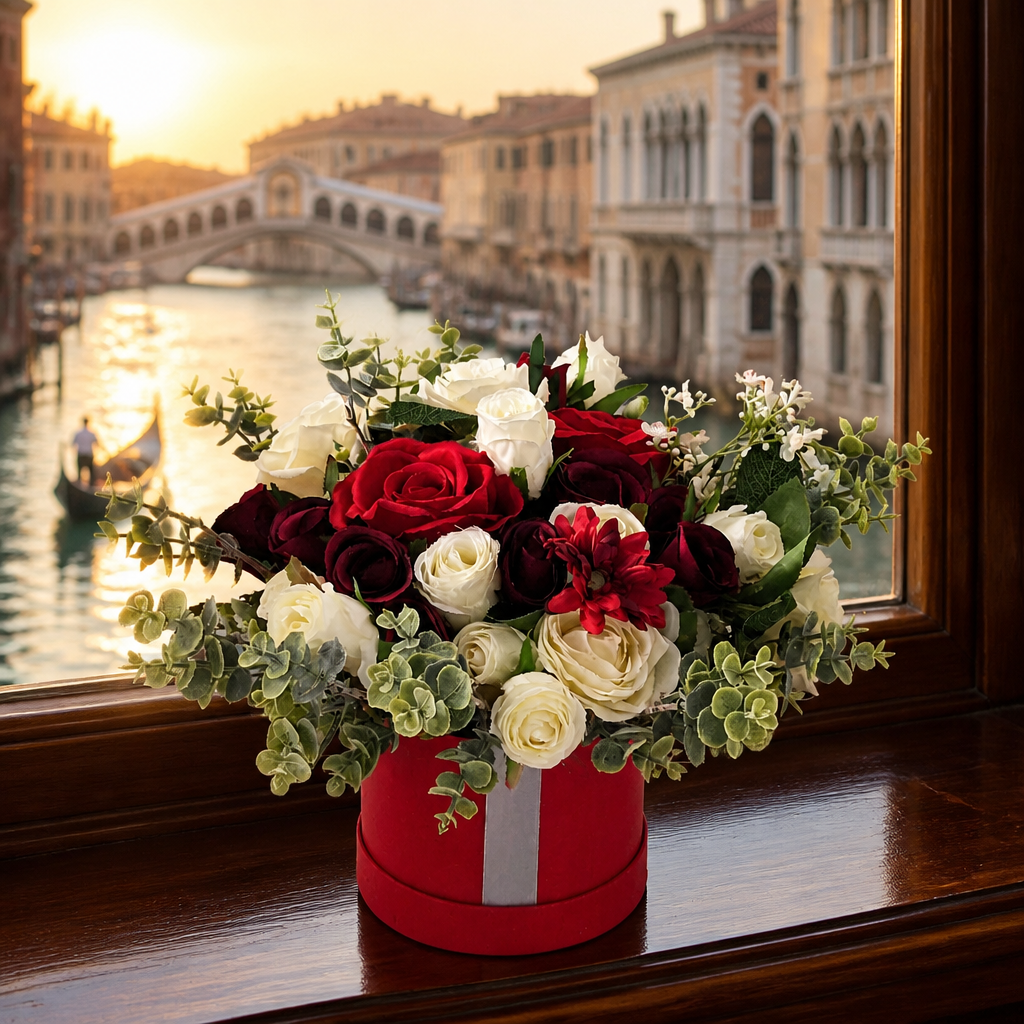 Red & Cream Stunning Silk Flowers Hat Box