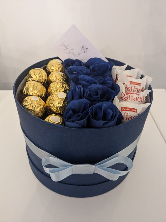 Blue Ferrero & Rafaello Hat Box Silk Flowers Gift - Large