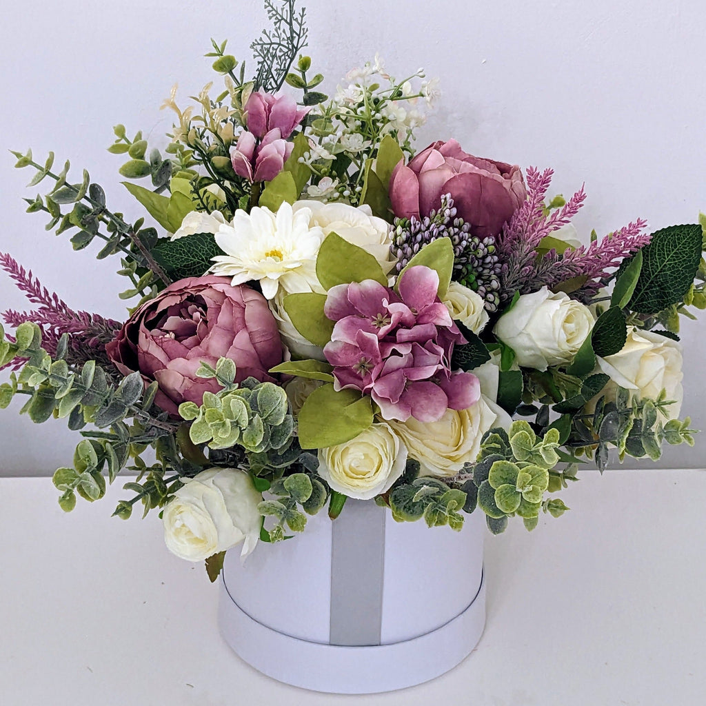 Cream & Mauve Stunning Silk Flowers Hat Box