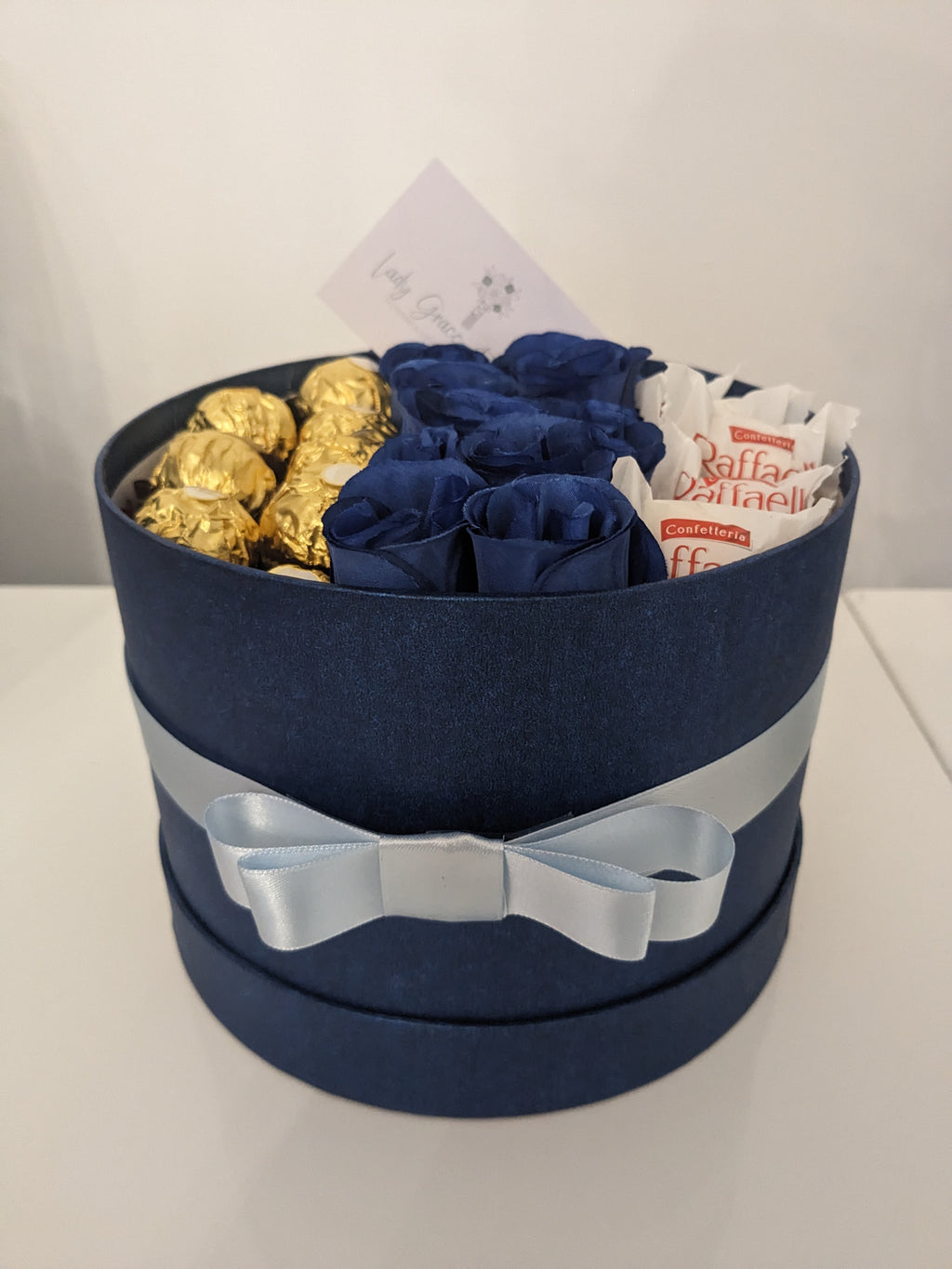 Blue Ferrero & Rafaello Hat Box Silk Flowers Gift - Medium