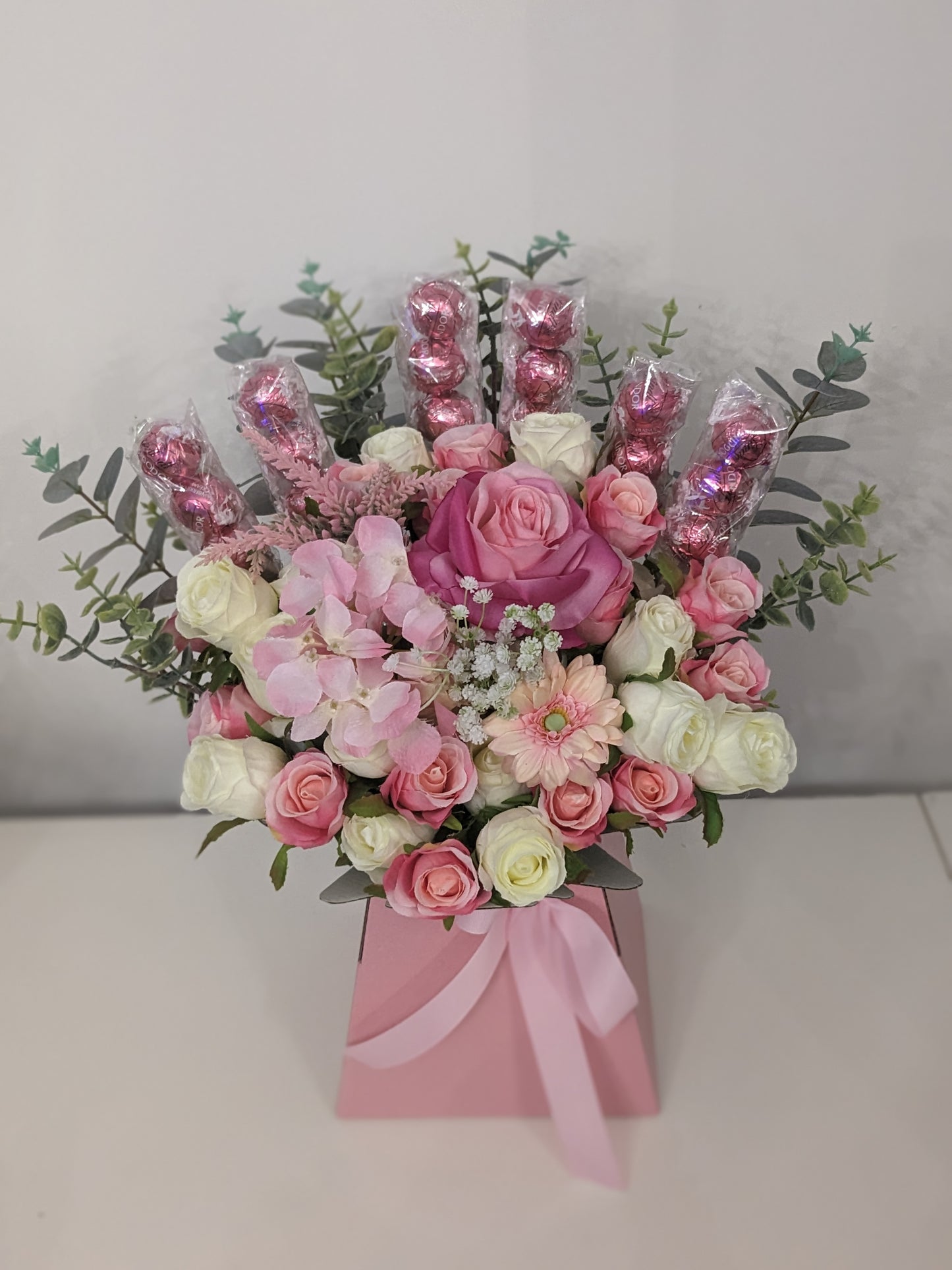 Personalised Lindt Lindor Pink Stunning Silk Flowers Bouquet Gift