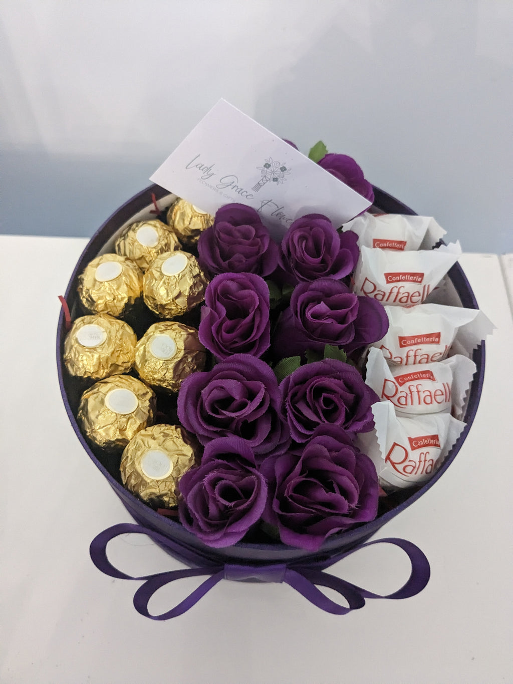 Purple Ferrero & Rafaello Hat Box Silk Flowers Gift - Medium