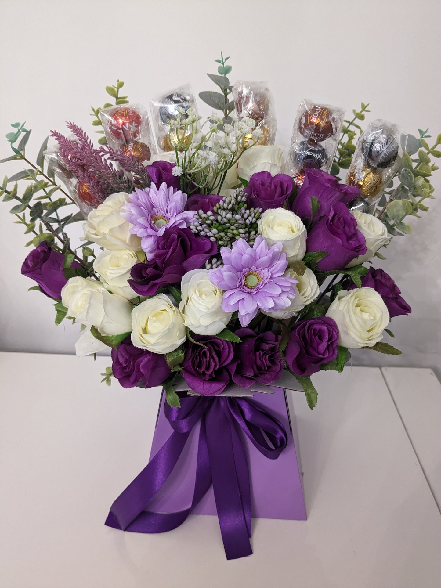 Lindt Lindor Silver Purple & Cream Stunning Silk Flowers Bouquet Gift