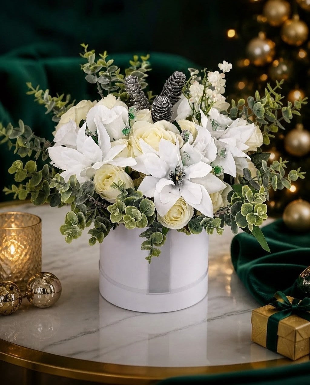 Winter White Stunning Silk Flowers Hat Box