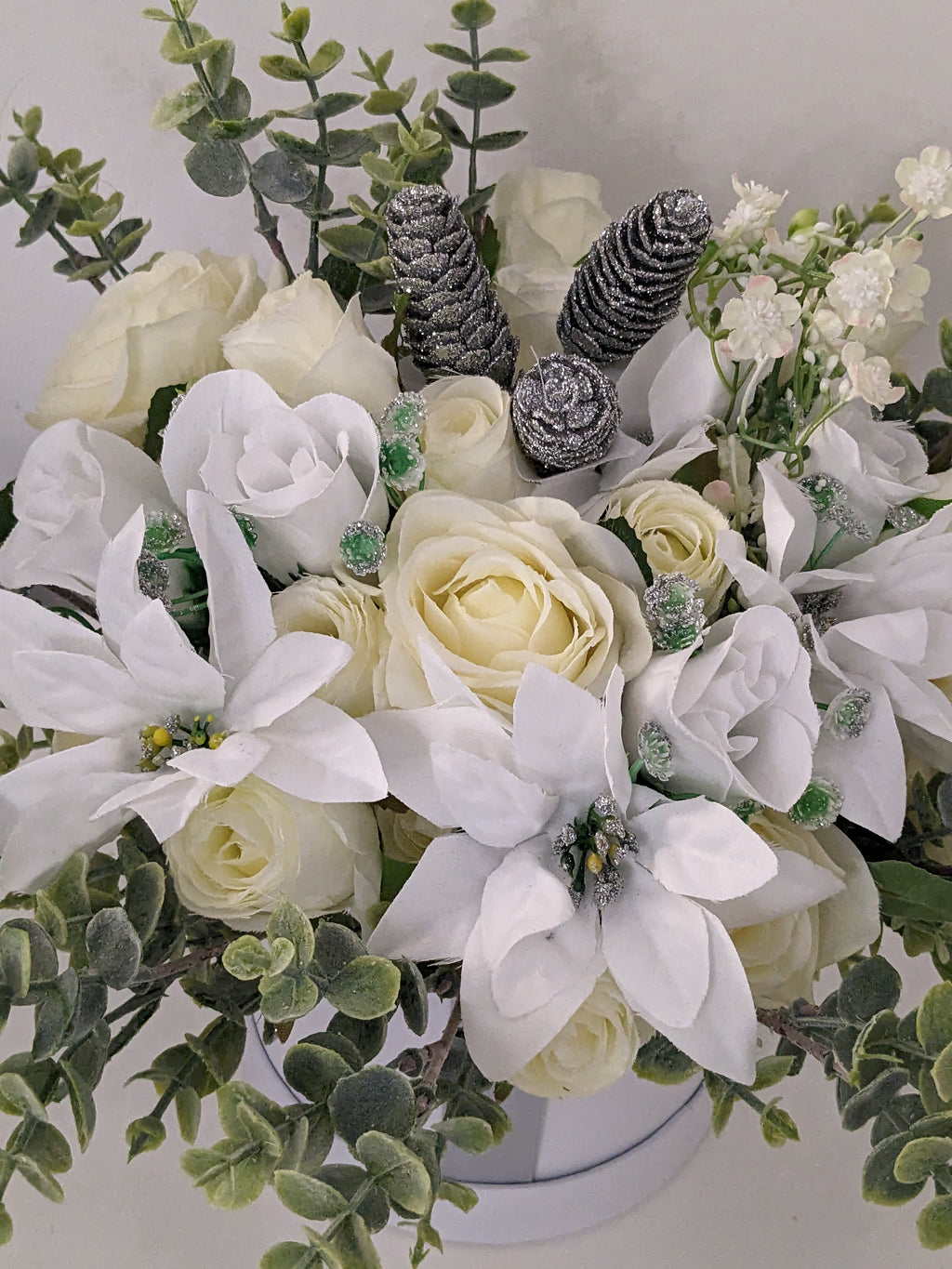 Winter White Stunning Silk Flowers Hat Box