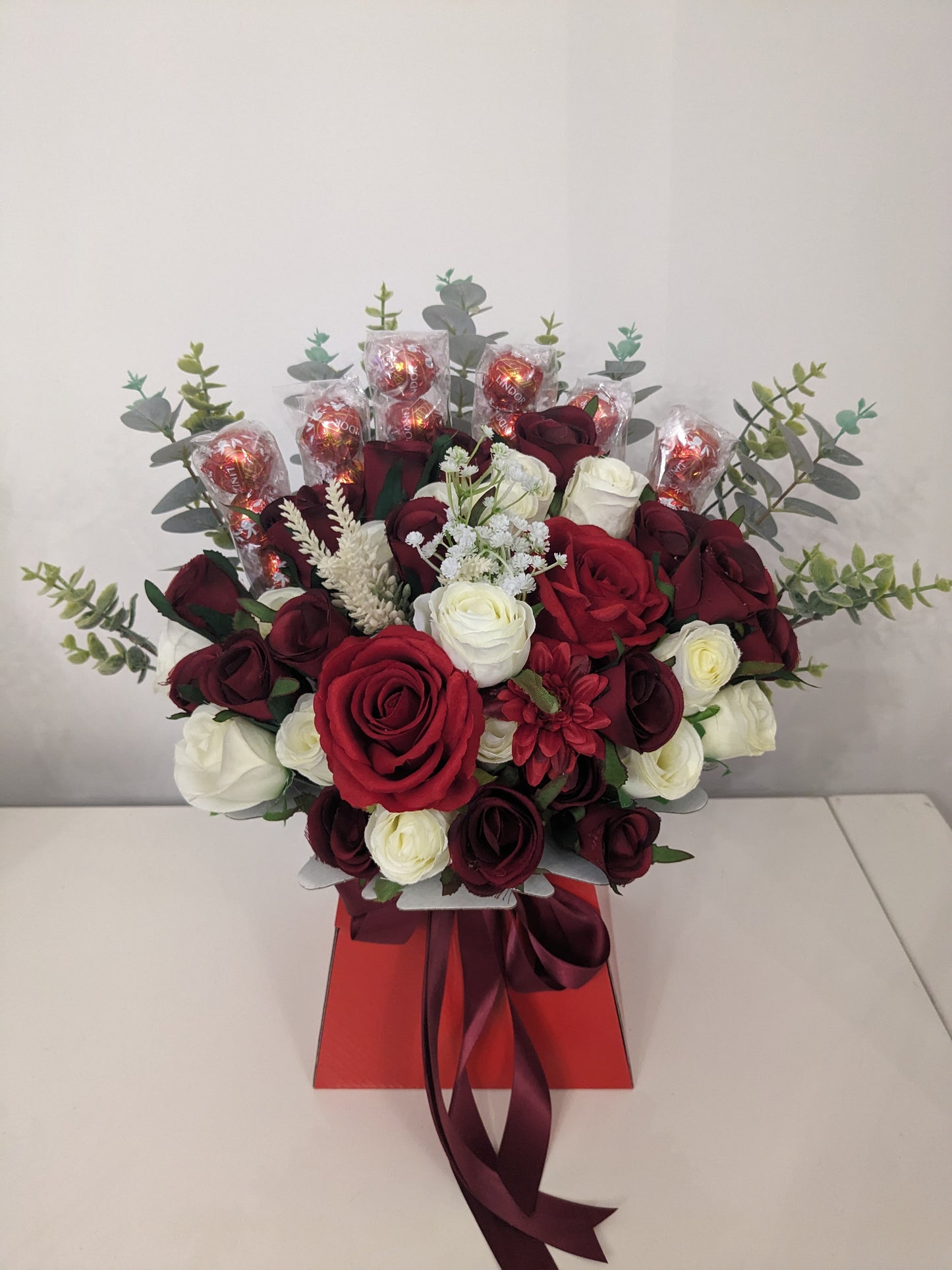 Lindt Lindor Red & Cream Stunning Silk Flowers Bouquet Gift