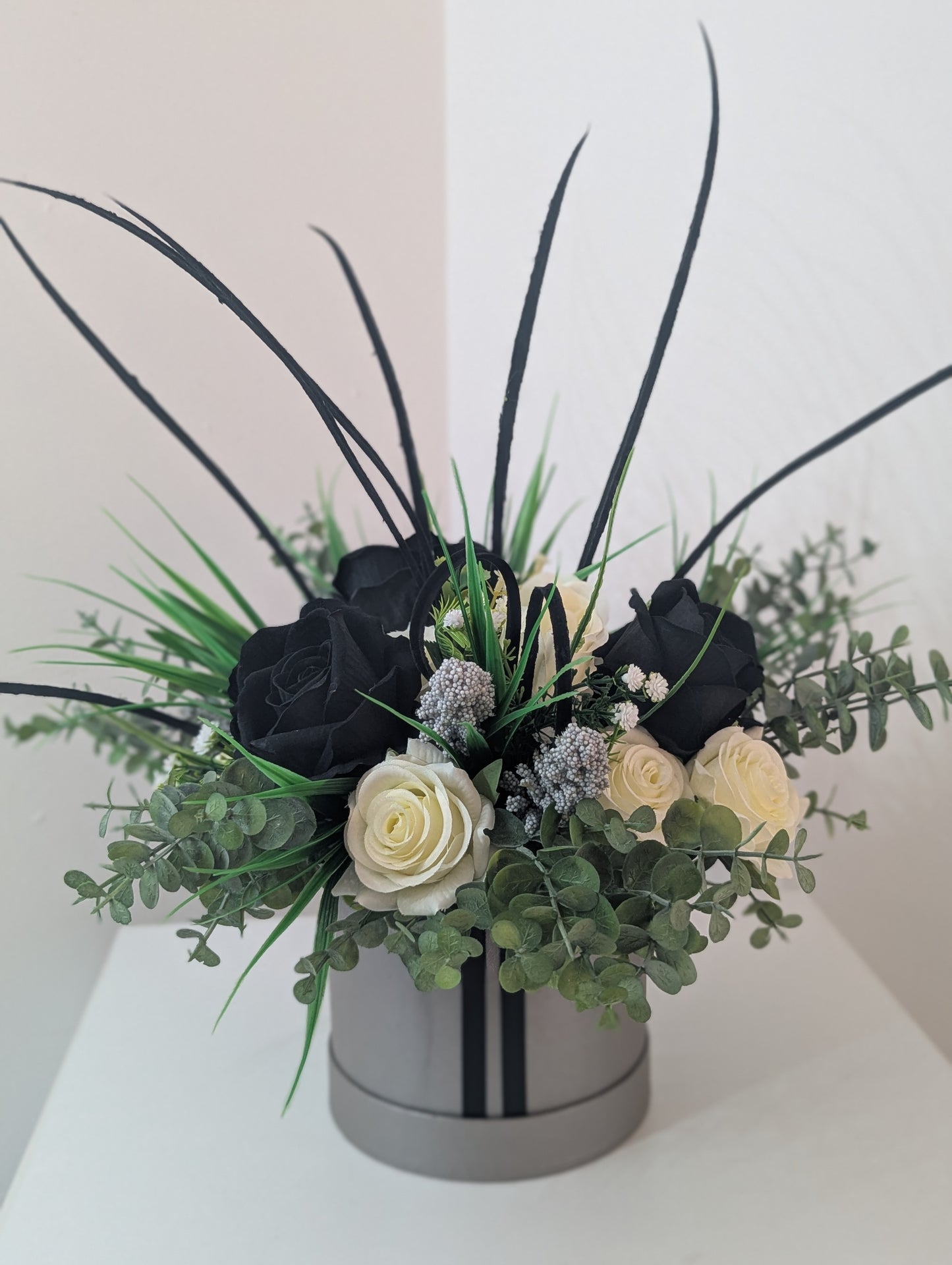 Grey/Black Silk Flowers Hat Box