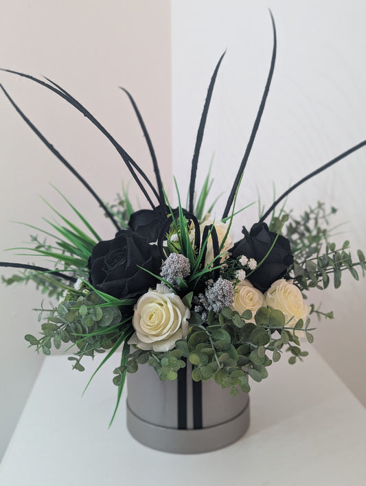Grey/Black Silk Flowers Hat Box