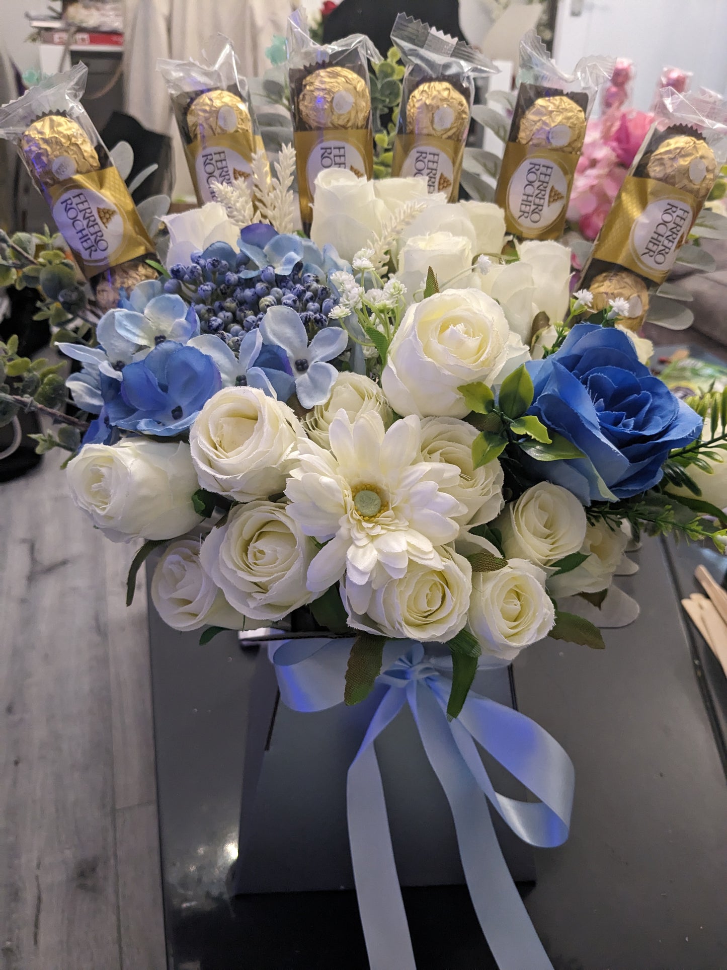 Ferrero Rocher Silver & Blue Stunning Silk Flowers Bouquet Gift