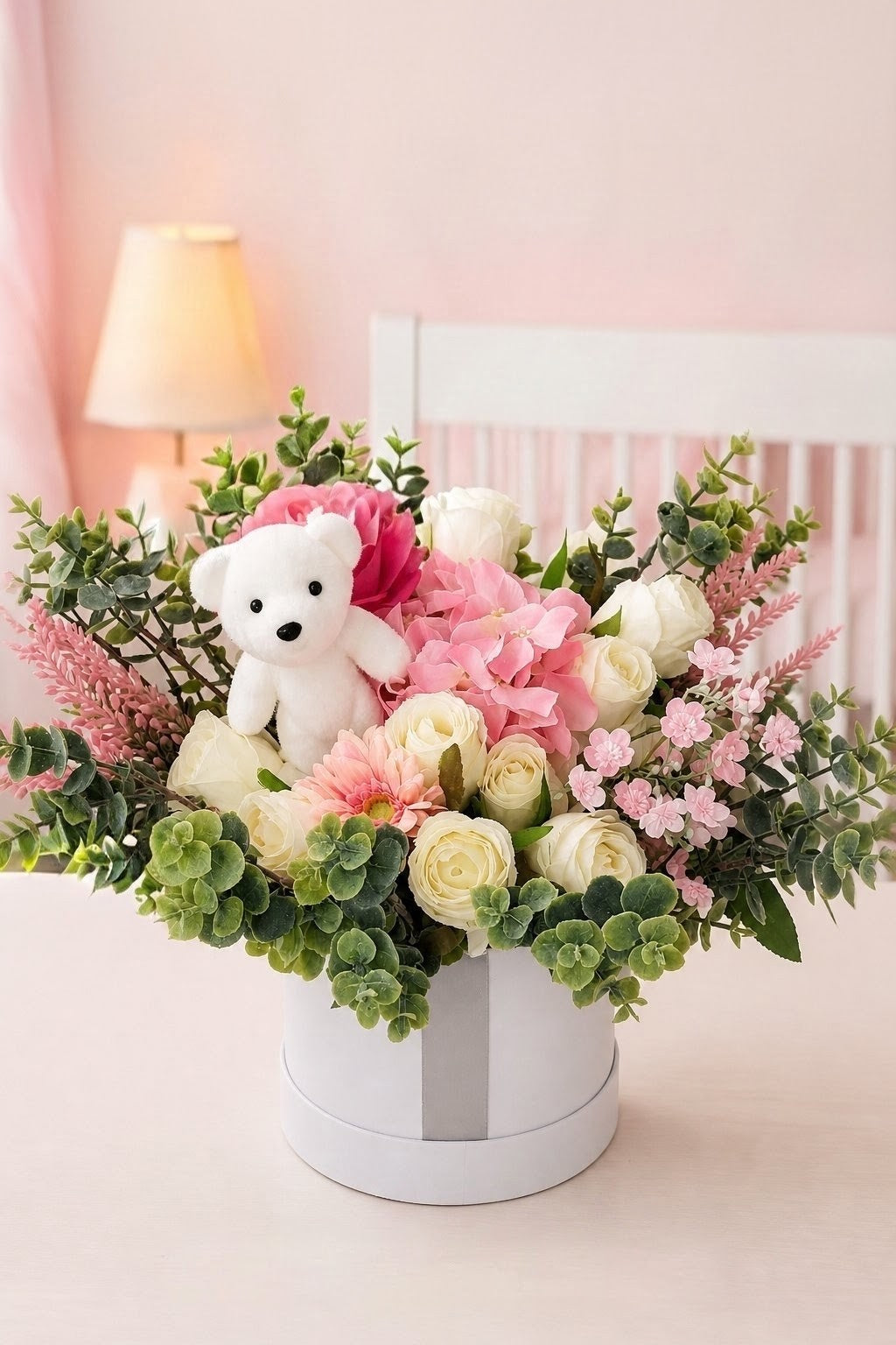 Baby Girl Silver & Pink Stunning Silk Flowers Hat Box