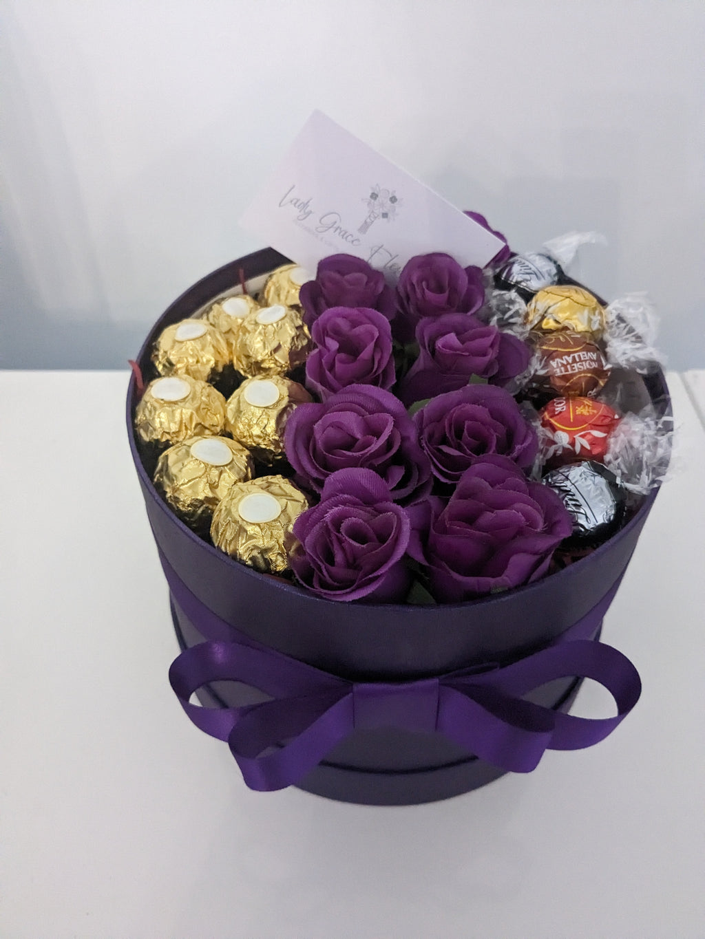 Purple Ferrero & Lindt Hat Box Silk Flowers Gift - Large