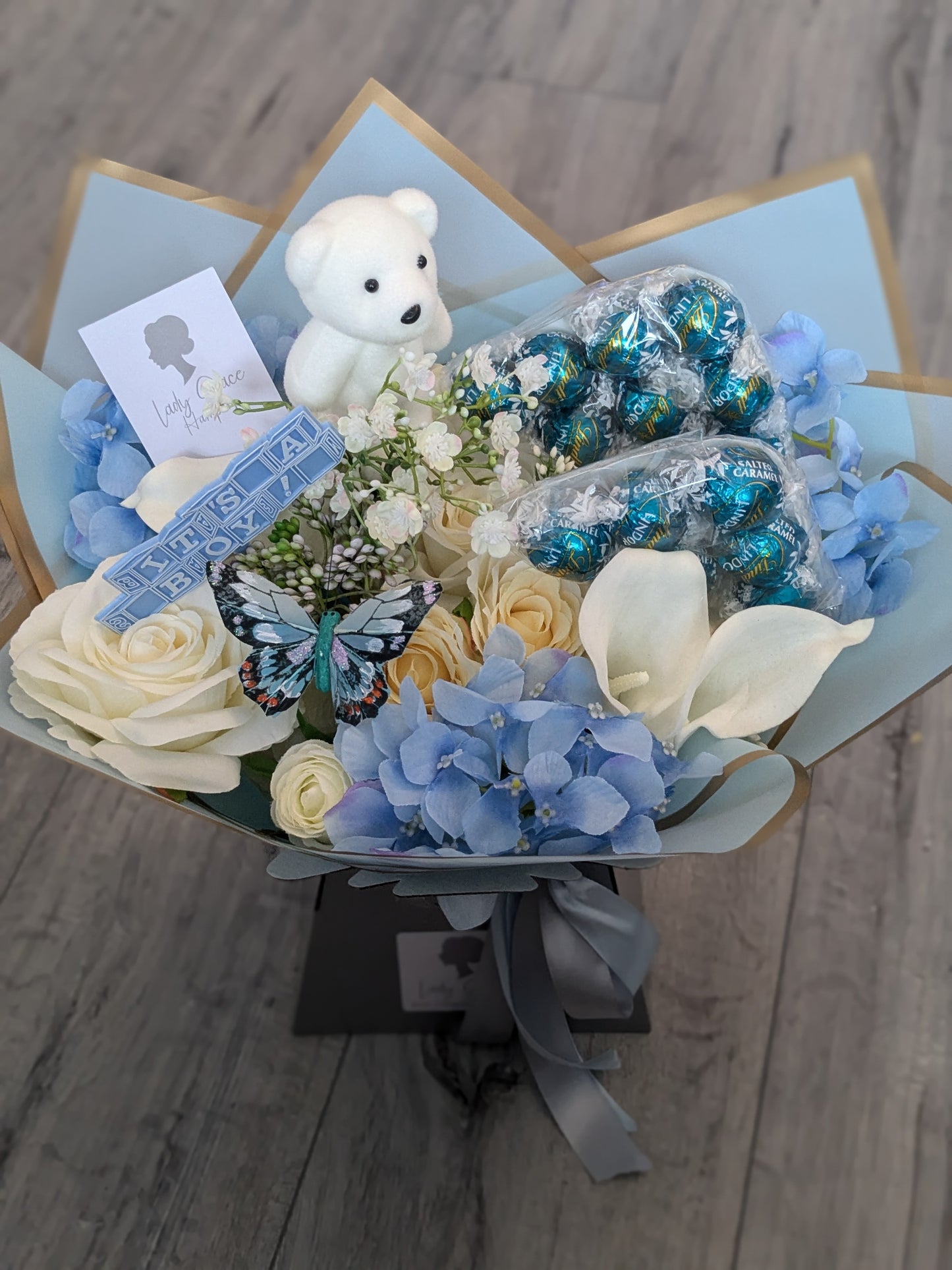 Baby Boy Lindt Salted Caramel Stunning Handtied Bouquet