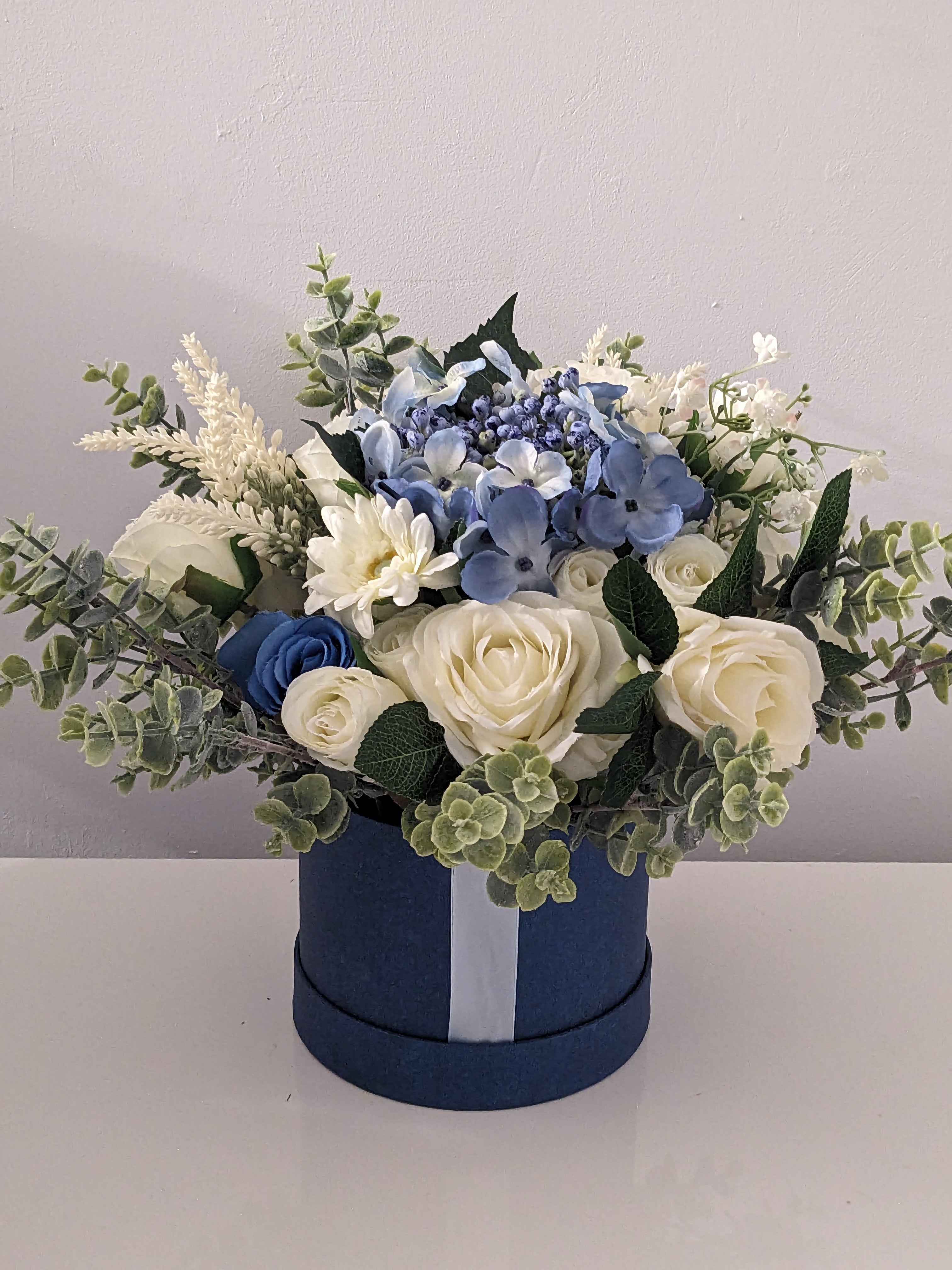 Blue & Cream Stunning Silk Flowers Hat Box