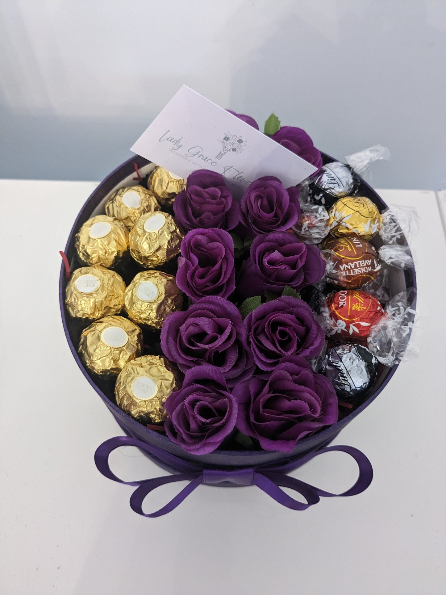 Purple Ferrero & Lindt Hat Box Silk Flowers Gift - Small