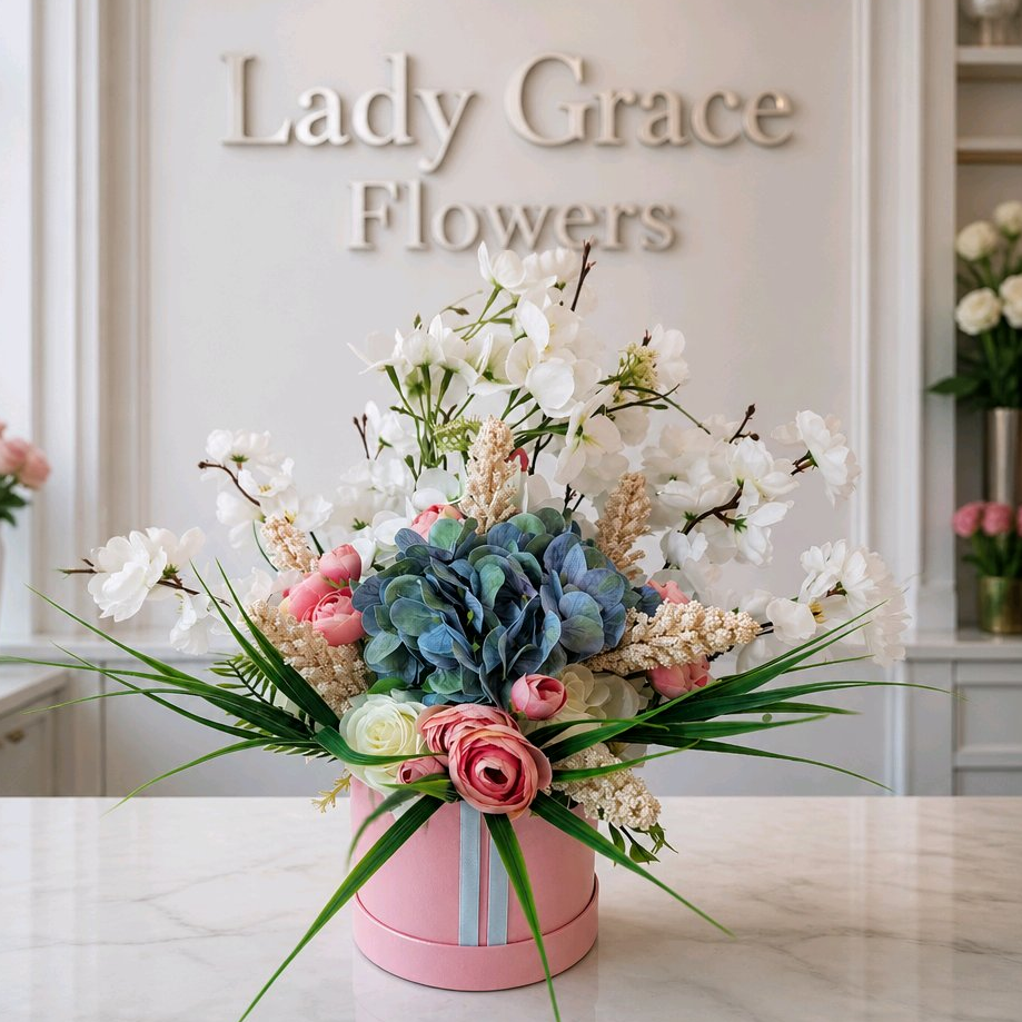 Blue/Pink Silk Flowers Hat Box