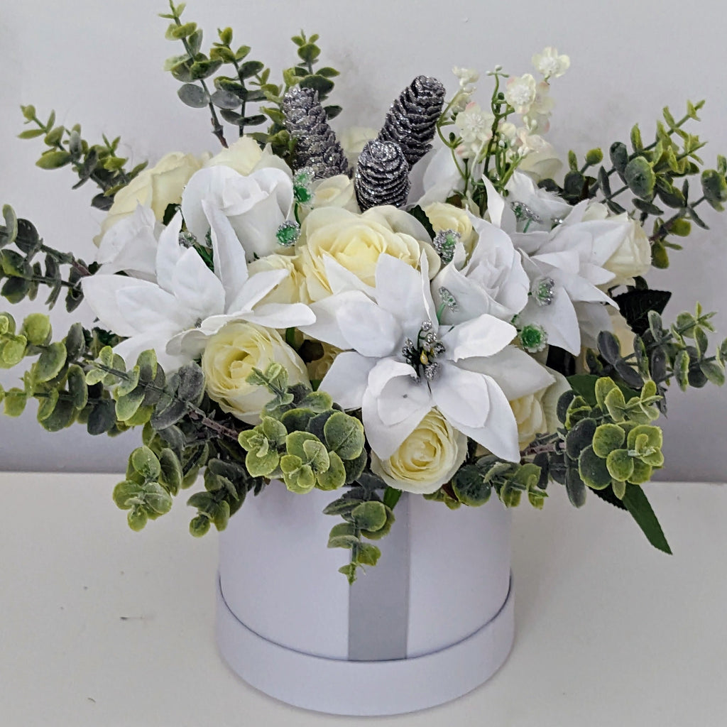 Winter White Stunning Silk Flowers Hat Box