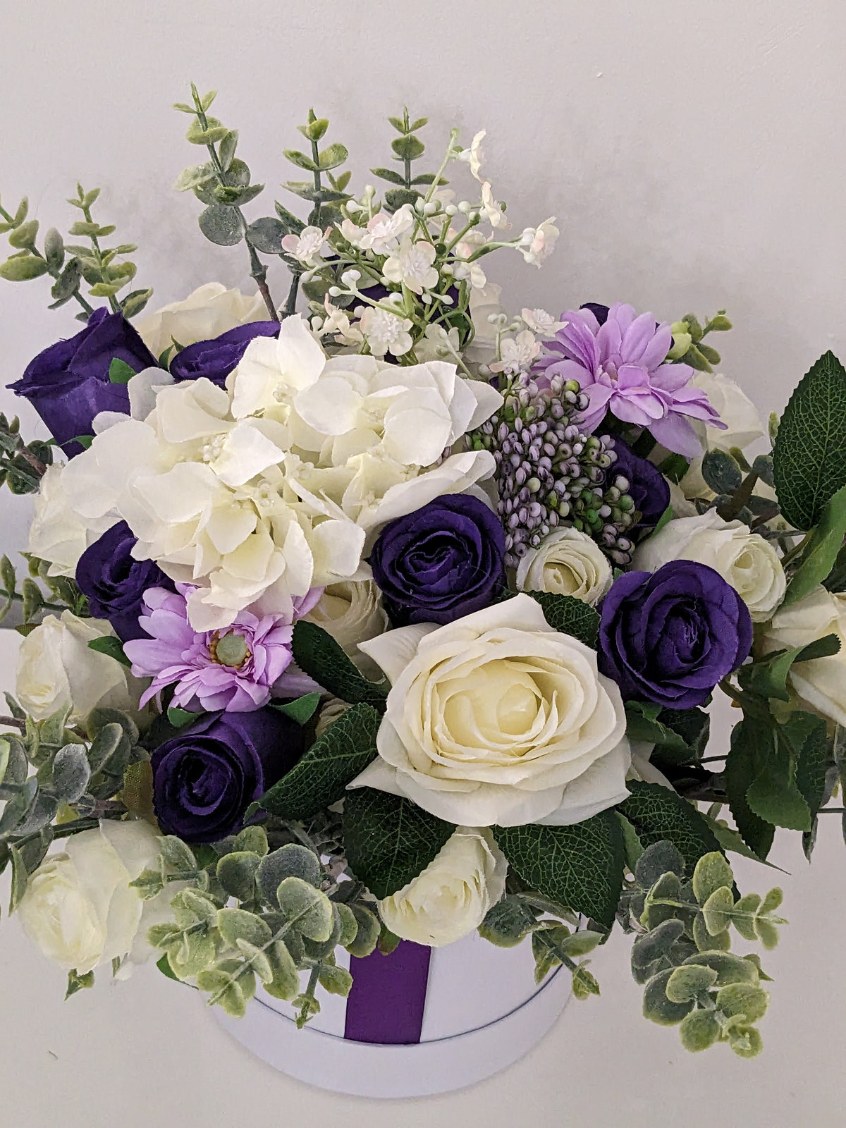 Cream & Purple Stunning Silk Flowers Hat Box