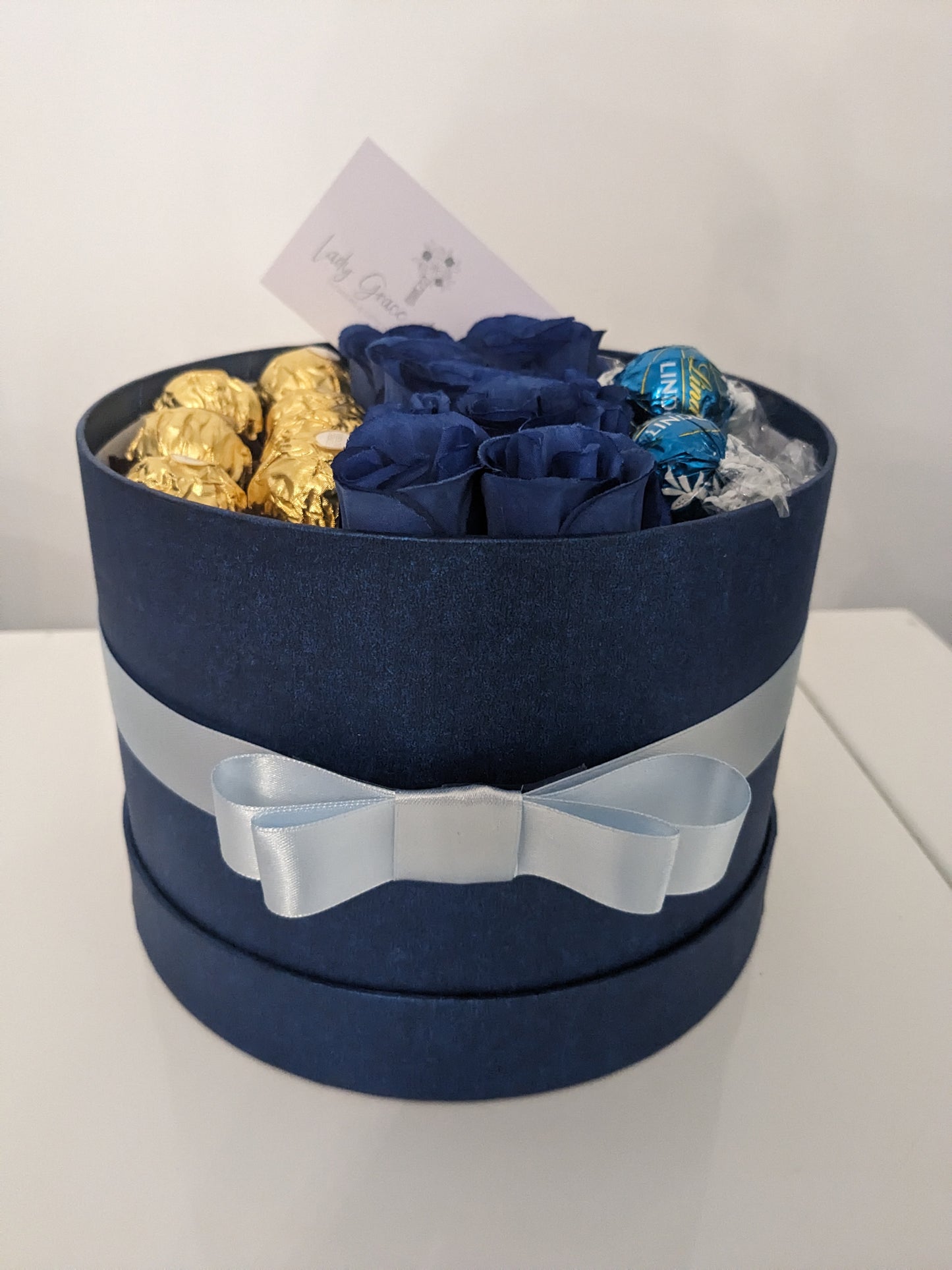 Blue Ferrero & Lindt Hat Box Silk Flowers Gift - Large