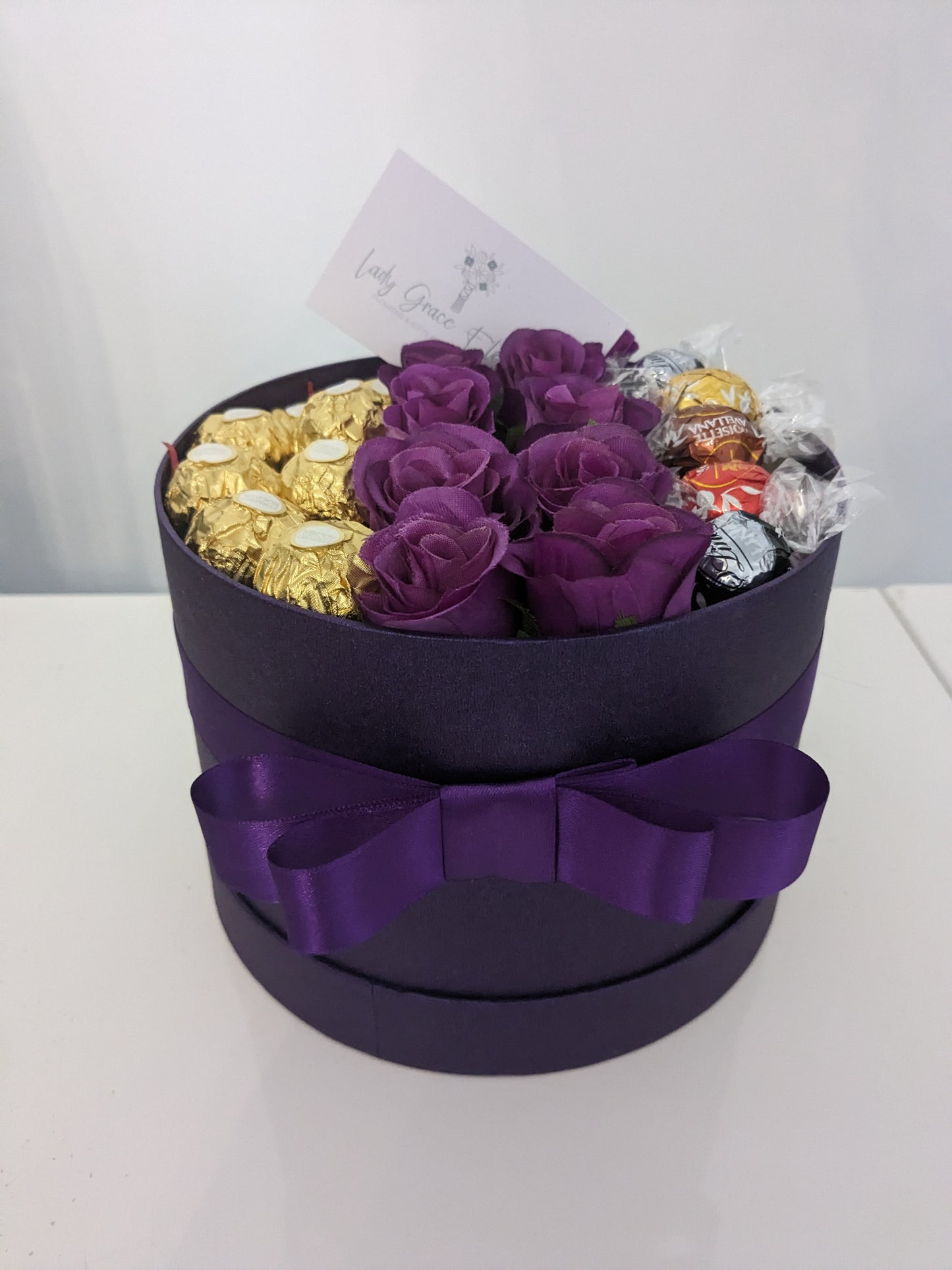 Purple Ferrero & Lindt Hat Box Silk Flowers Gift - Small