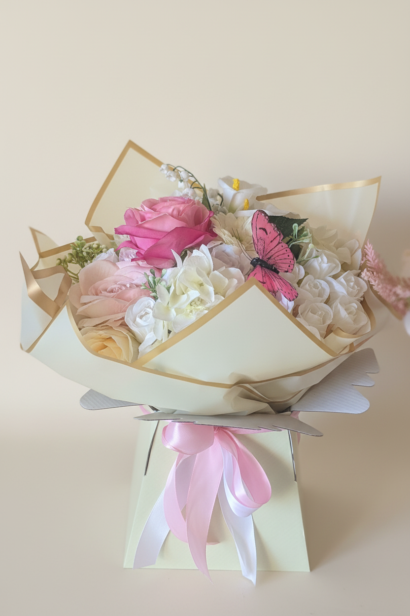 Cream/Pink Silk Flowers Hand Tied Bouquet