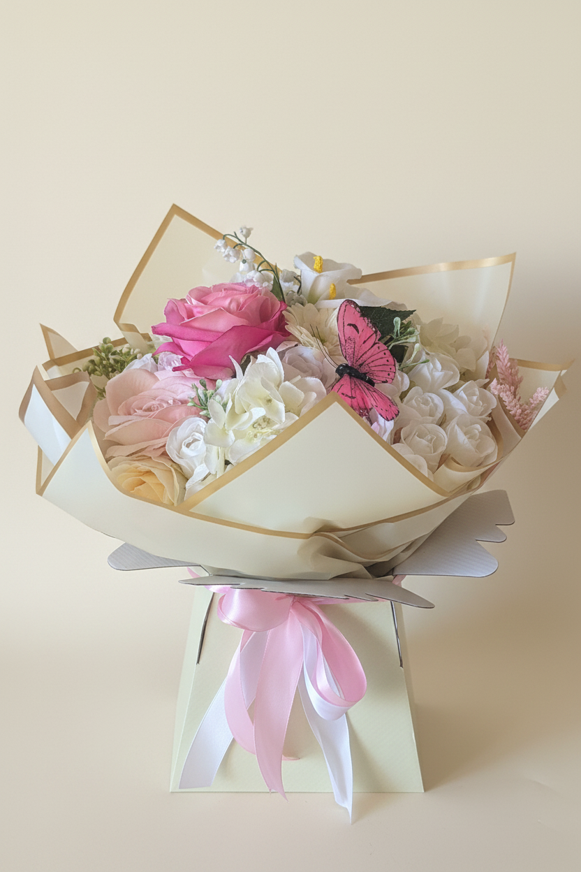 Cream/Pink Silk Flowers Hand Tied Bouquet