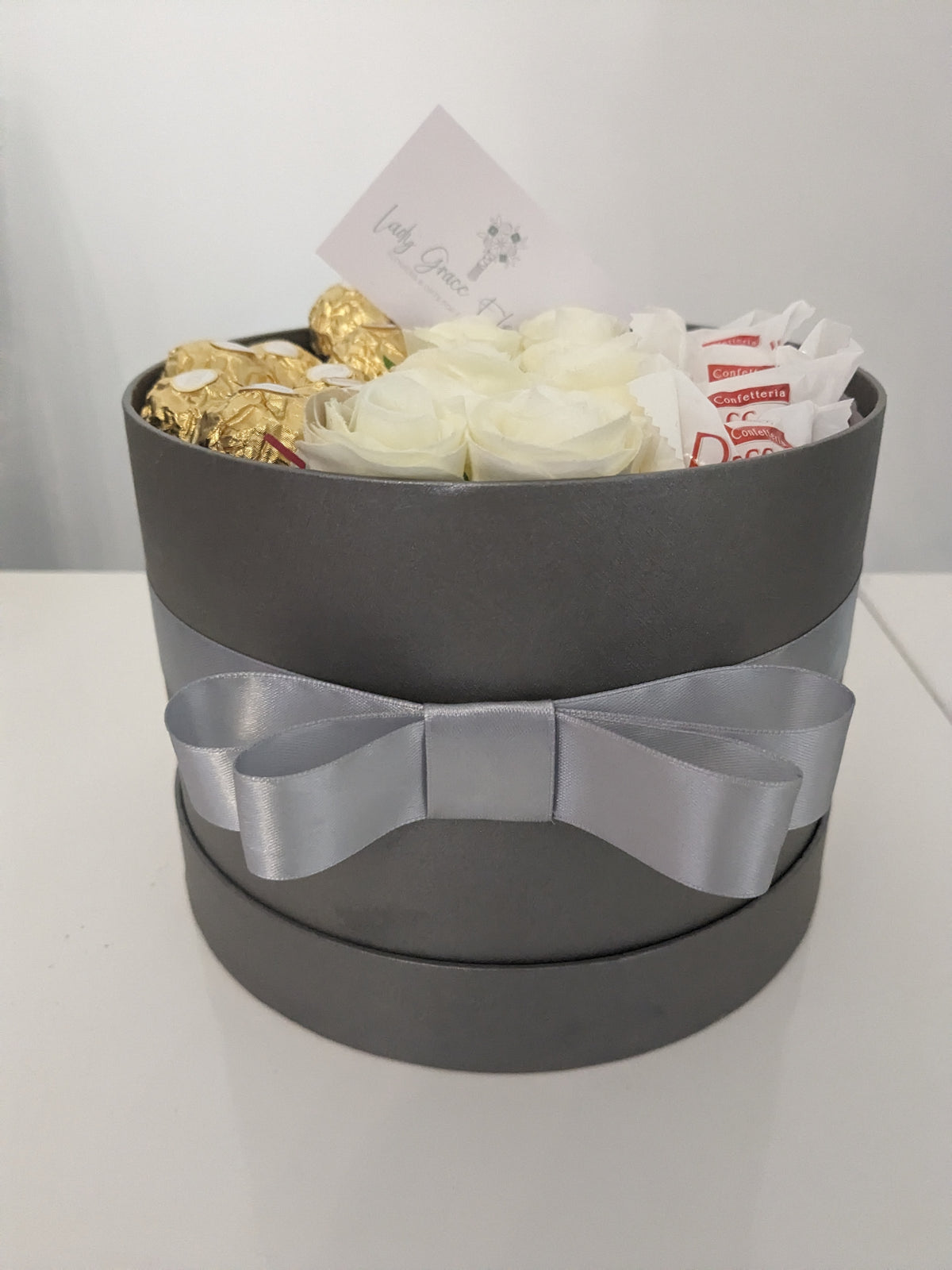 Grey Ferrero & Rafaello Hat Box Silk Flowers Gift - Large