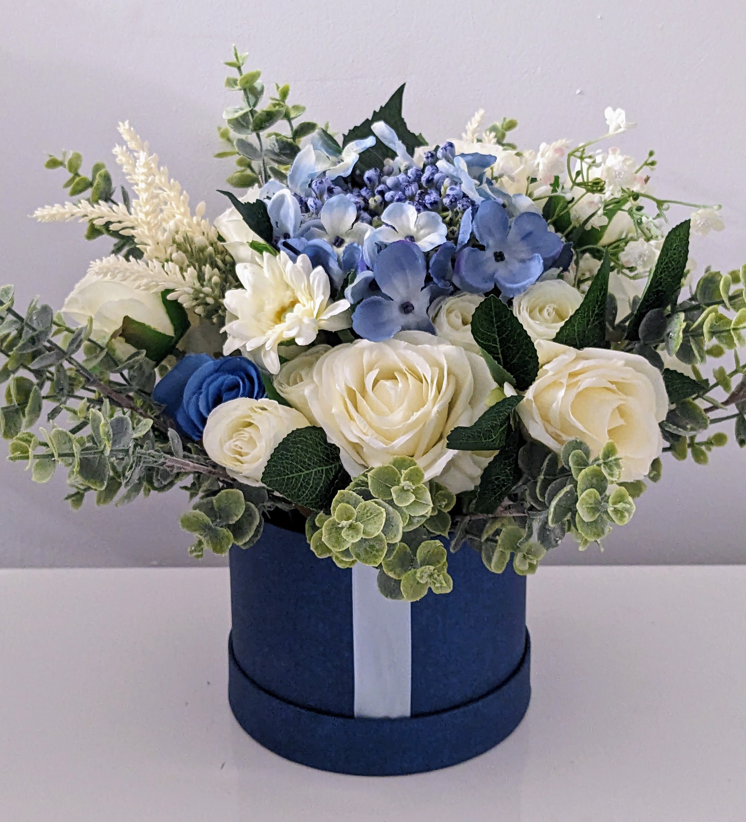 Blue & Cream Stunning Silk Flowers Hat Box