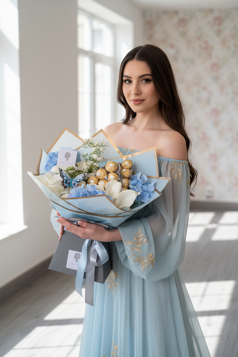 Blue Ferrero Rocher Stunning Handtied Bouquet