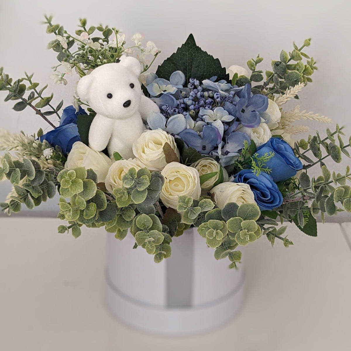 Baby Boy Silver & Blue Stunning Silk Flowers Hat Box