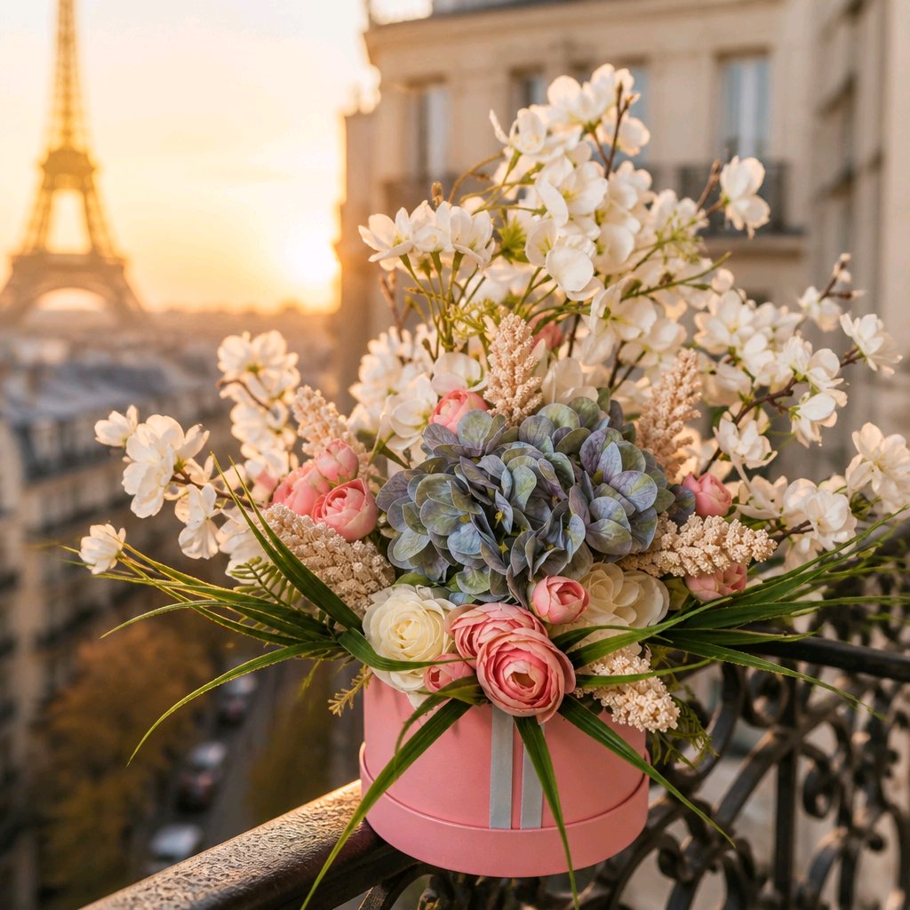 Pink & Blue Stunning Silk Flowers Hat Box
