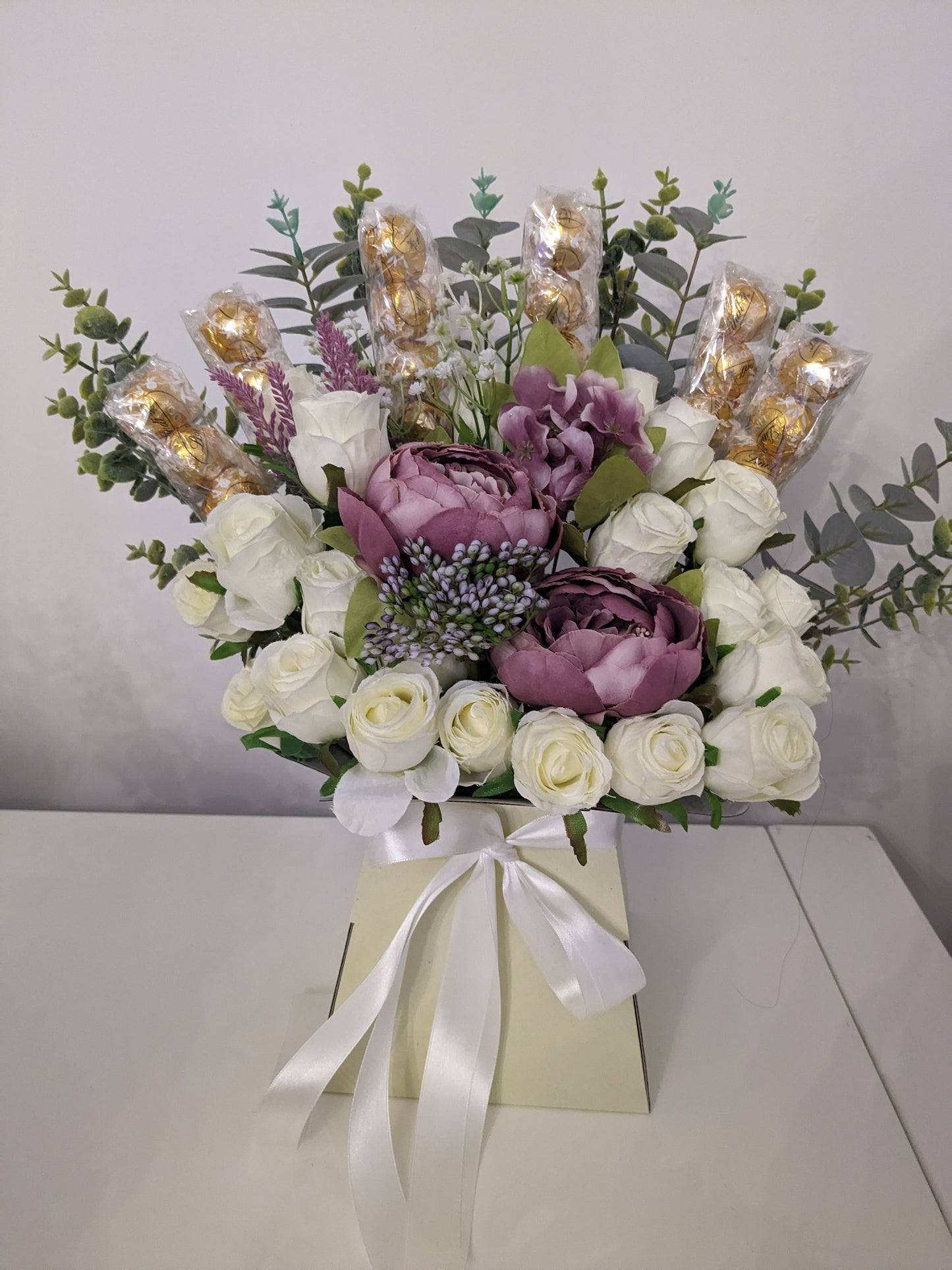 Lindt Lindor Cream & Mauve Stunning Silk Flowers Bouquet Gift