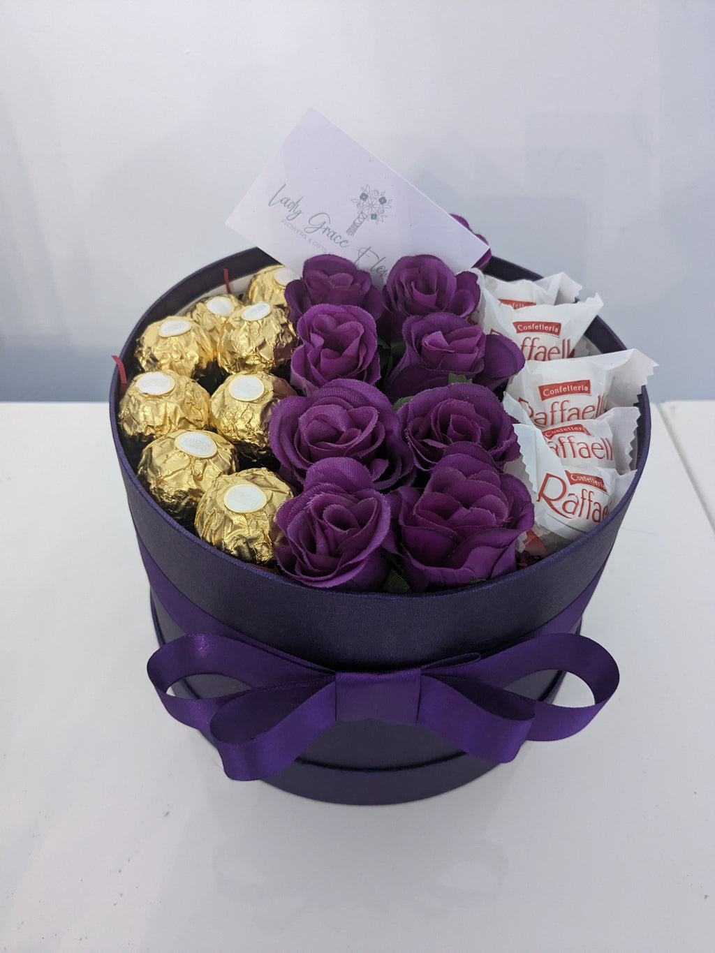 Purple Ferrero & Rafaello Hat Box Silk Flowers Gift - Medium