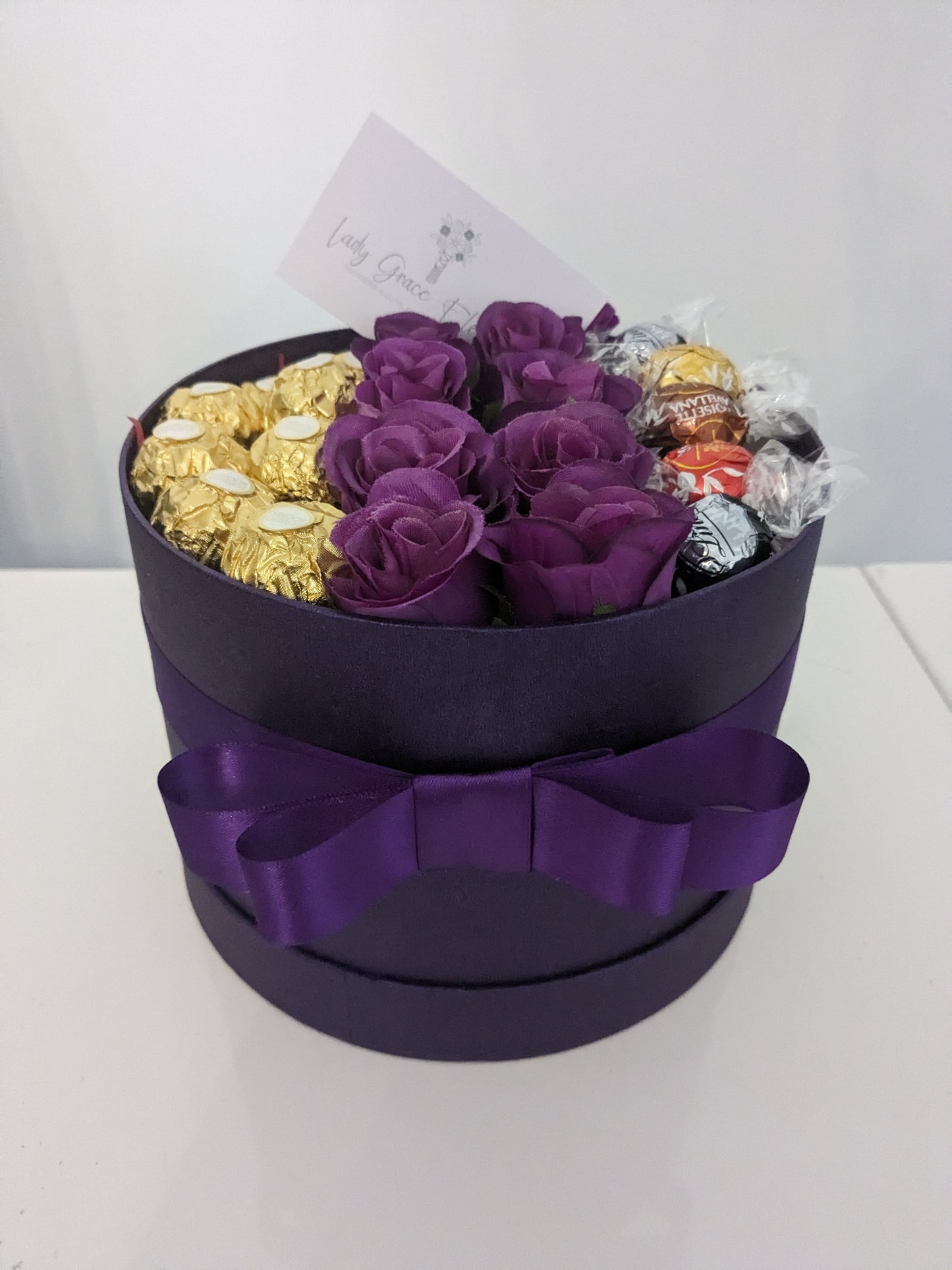 Purple Ferrero & Lindt Hat Box Silk Flowers Gift - Small