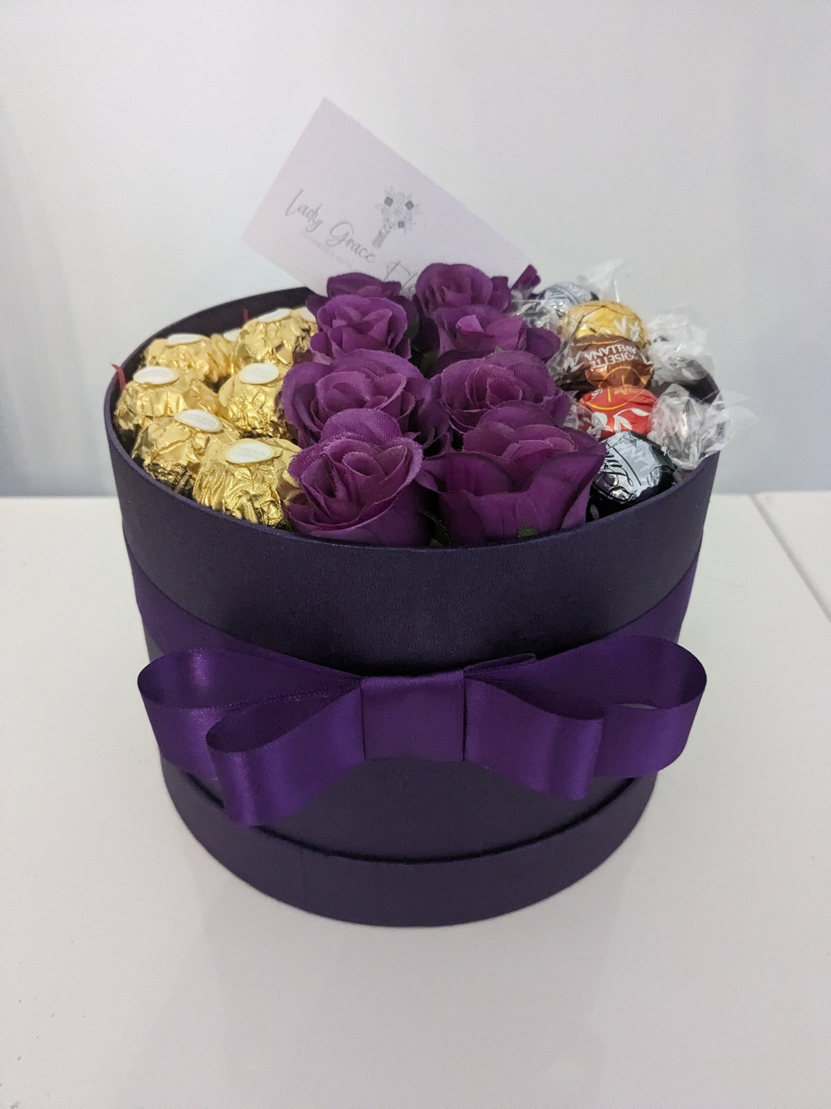 Purple Ferrero & Lindt Hat Box Silk Flowers Gift - Large