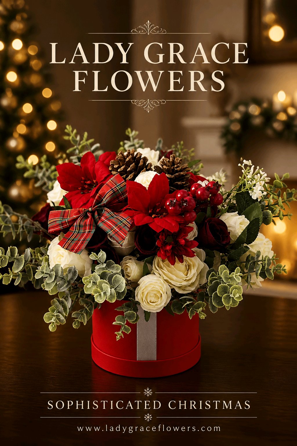 Christmas Winter Red & Cream Stunning Silk Flowers Hat Box