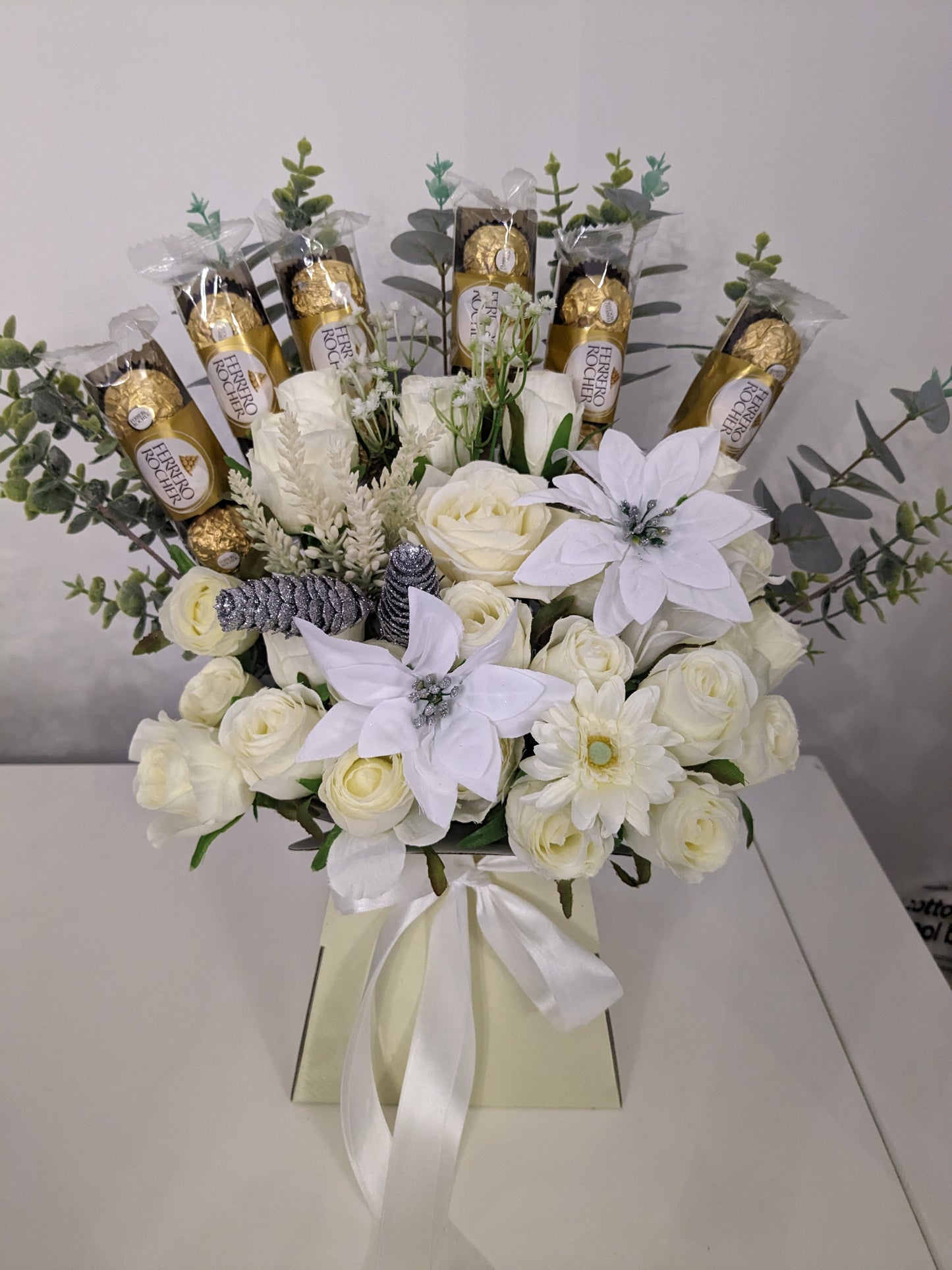 Ferrero Rocher Winter White Stunning Silk Flowers Bouquet Gift