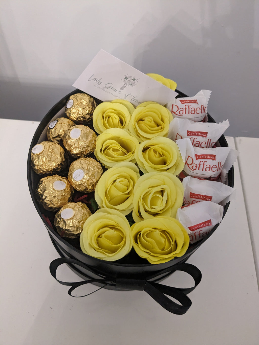 Black and Yellow Ferrero & Raffaello Hat Box Silk Flowers Gift - Large