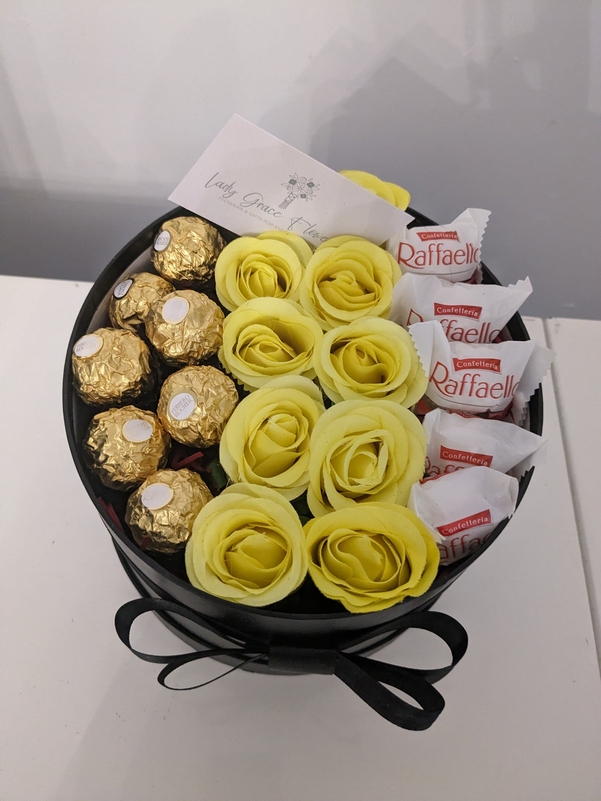 Black and Yellow Ferrero & Raffaello Hat Box Silk Flowers Gift - Large