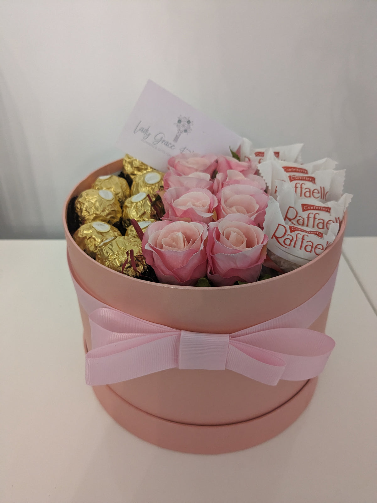 Pink Ferrero & Rafaello Hat Box Silk Flowers Gift - Large