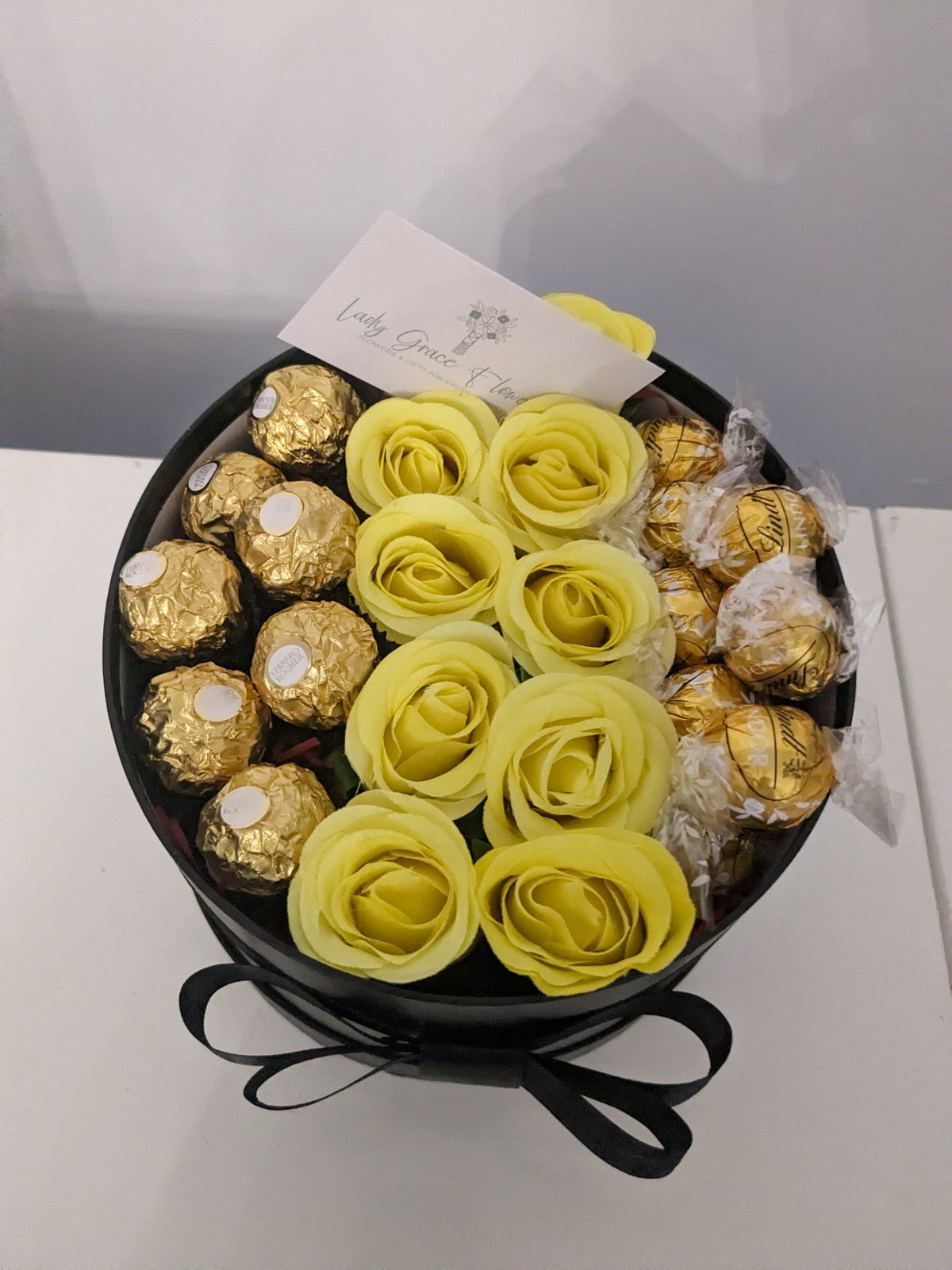 Black and Yellow Ferrero & White Lindt Hat Box Silk Flowers Gift - Large