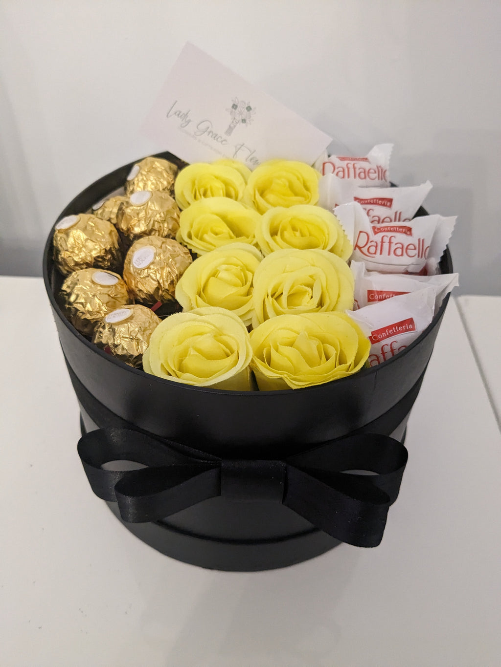 Black and Yellow Ferrero & Raffaello Hat Box Silk Flowers Gift - Large