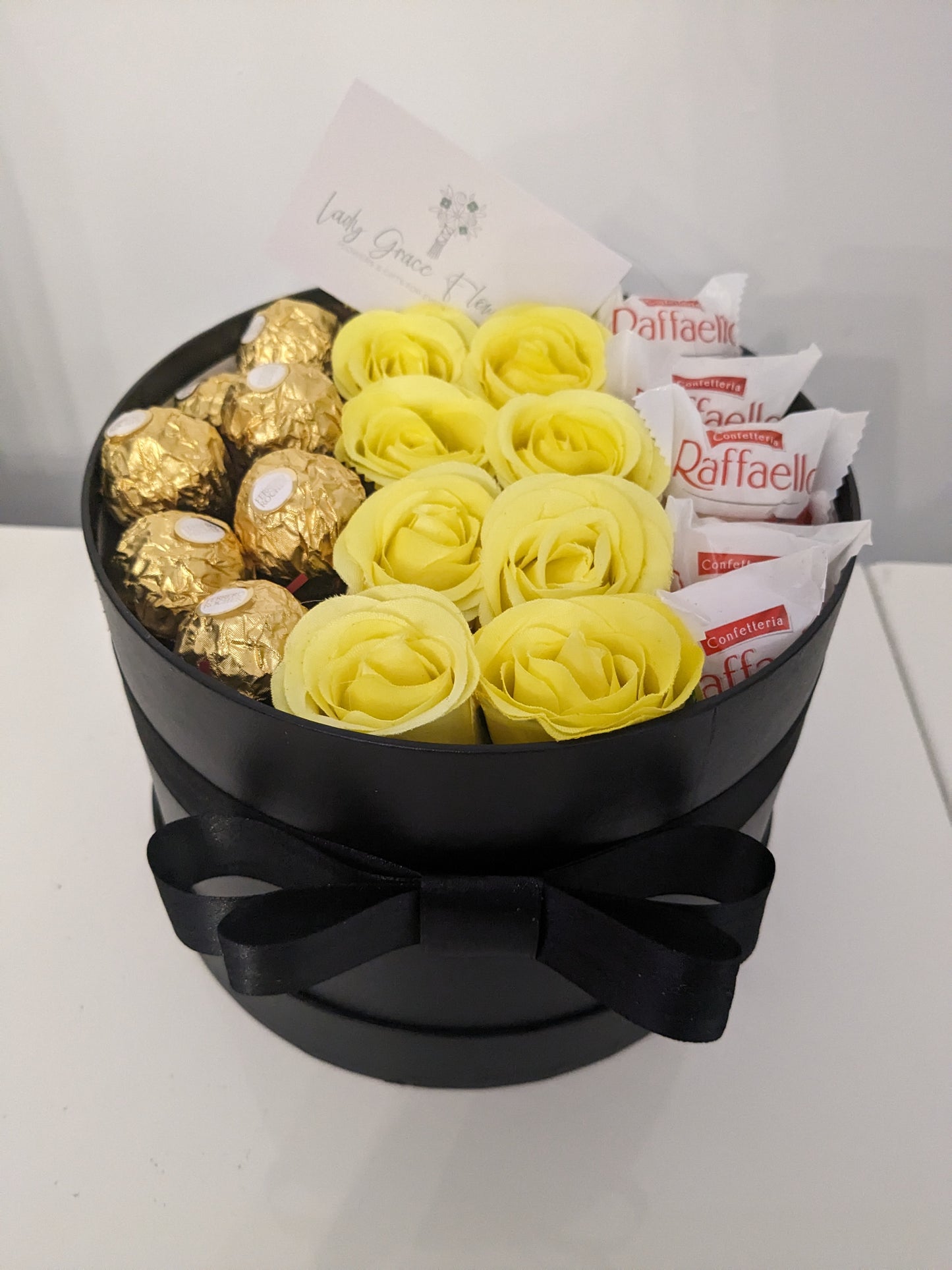 Black and Yellow Ferrero & Raffaello Hat Box Silk Flowers Gift - Small