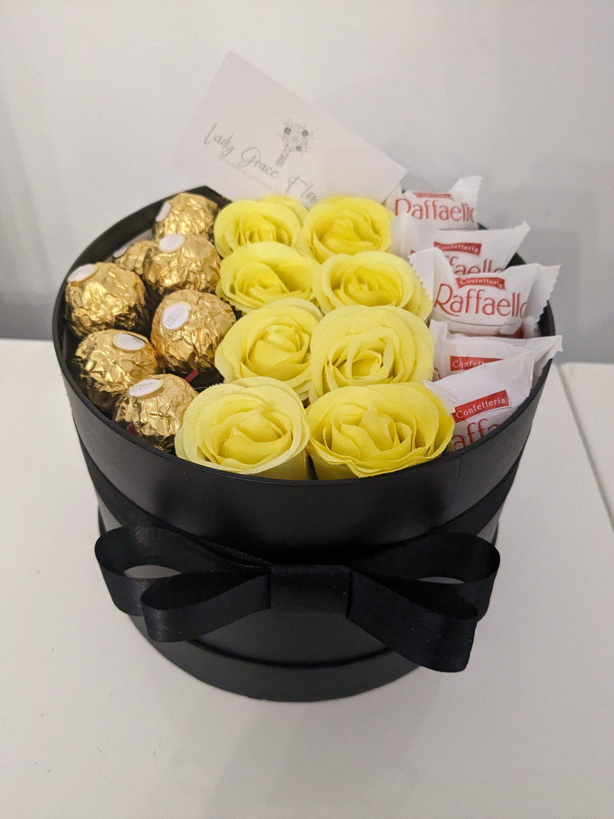 Black and Yellow Ferrero & Raffaello Hat Box Silk Flowers Gift - Large