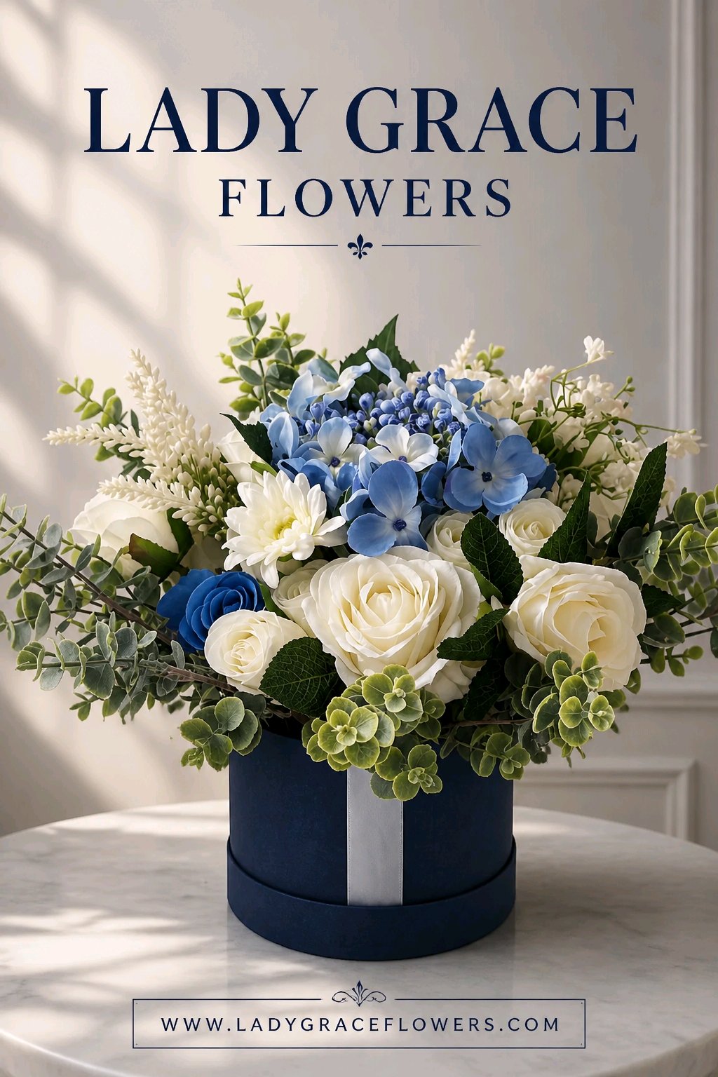 Blue & Cream Stunning Silk Flowers Hat Box