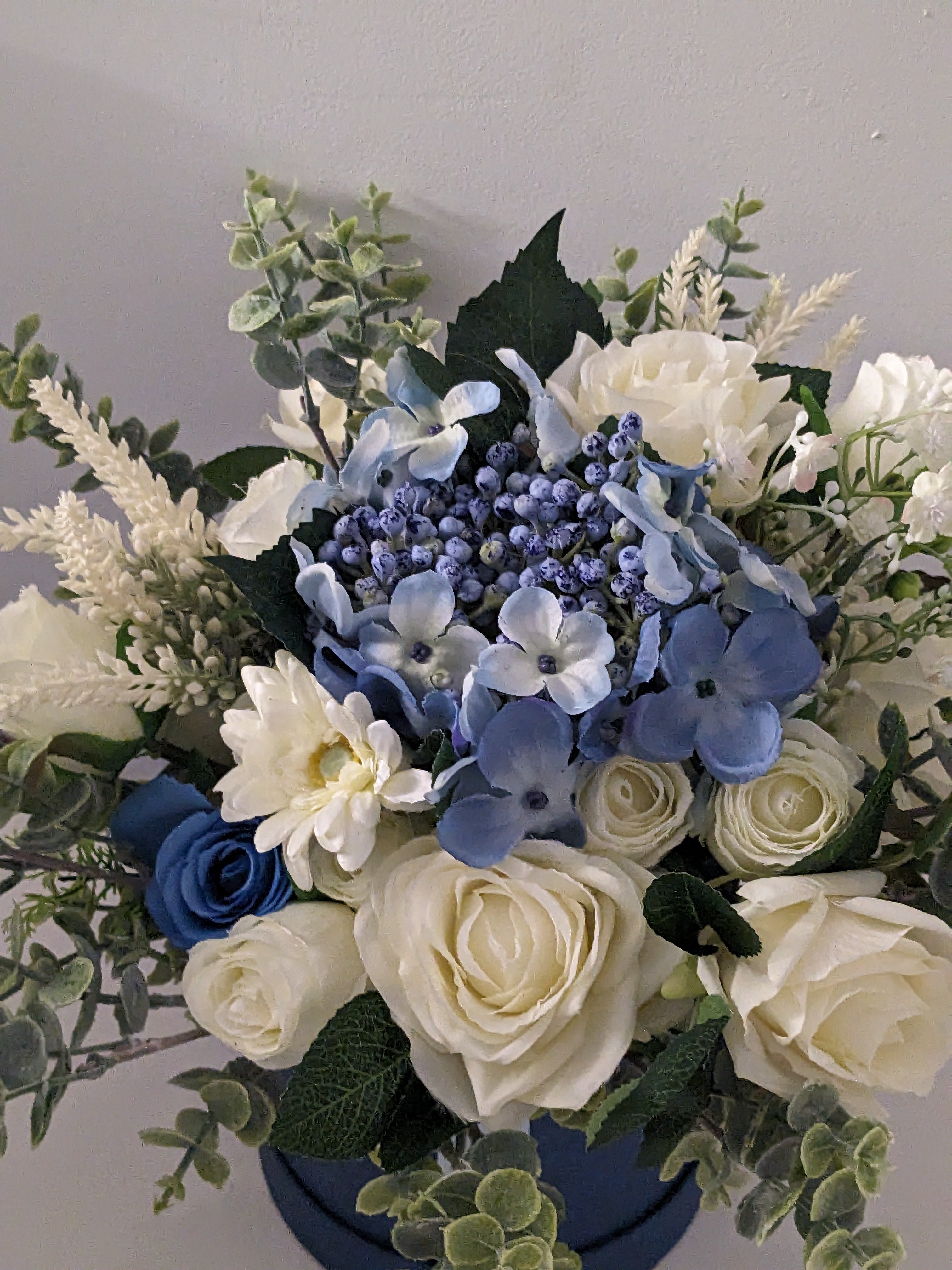 Blue & Cream Stunning Silk Flowers Hat Box
